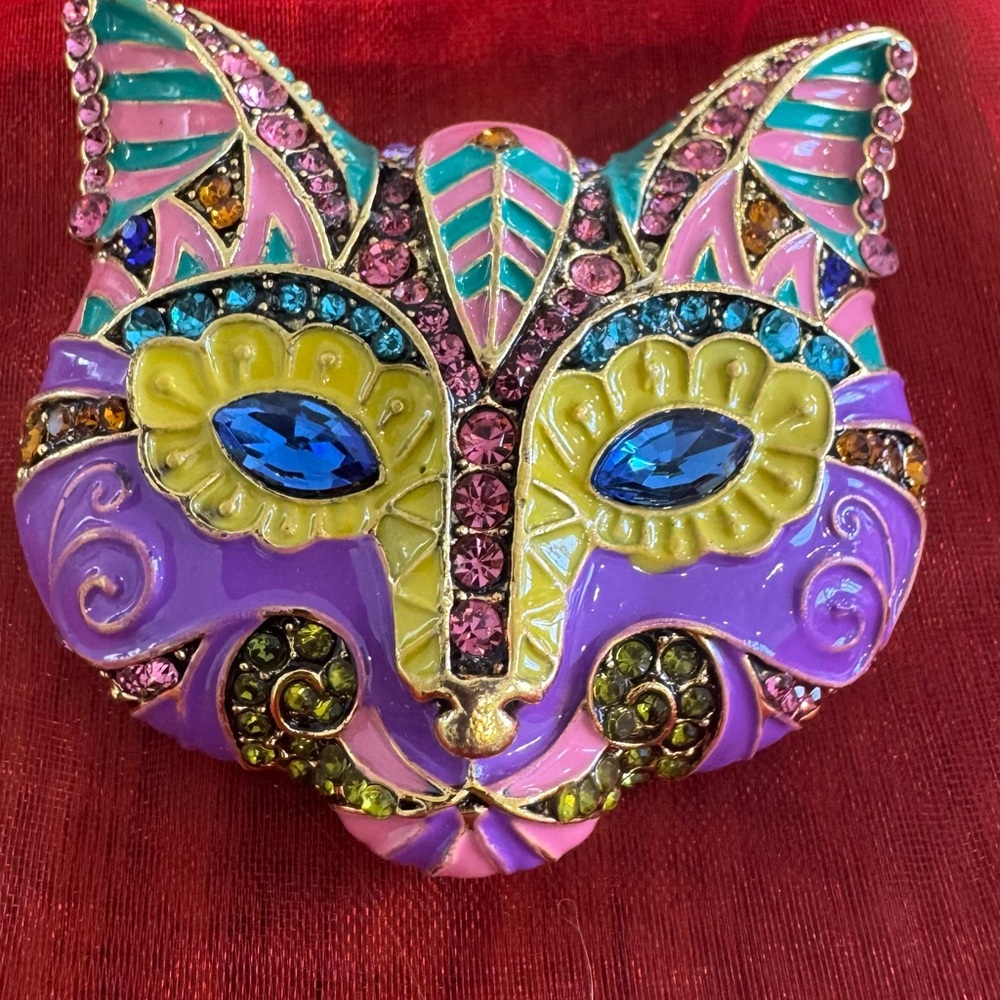 Whimsical Cat Brooch with Jewel Tones